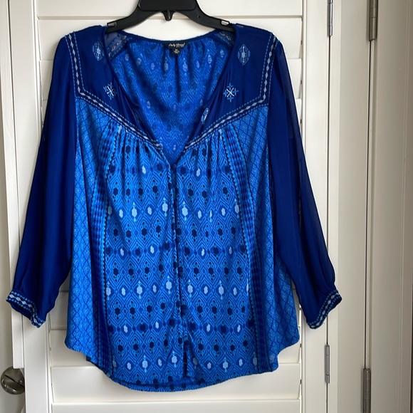 Lucky Brand Tops - Lucky Brand women’s blue boho 3/4 sleeve pullover button up tunic top EUC